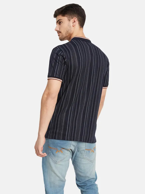 Vertical Stripes Mandarin Collar T-Shirt