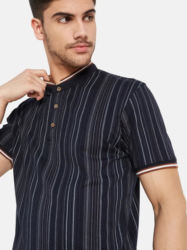 Vertical Stripes Mandarin Collar T-Shirt