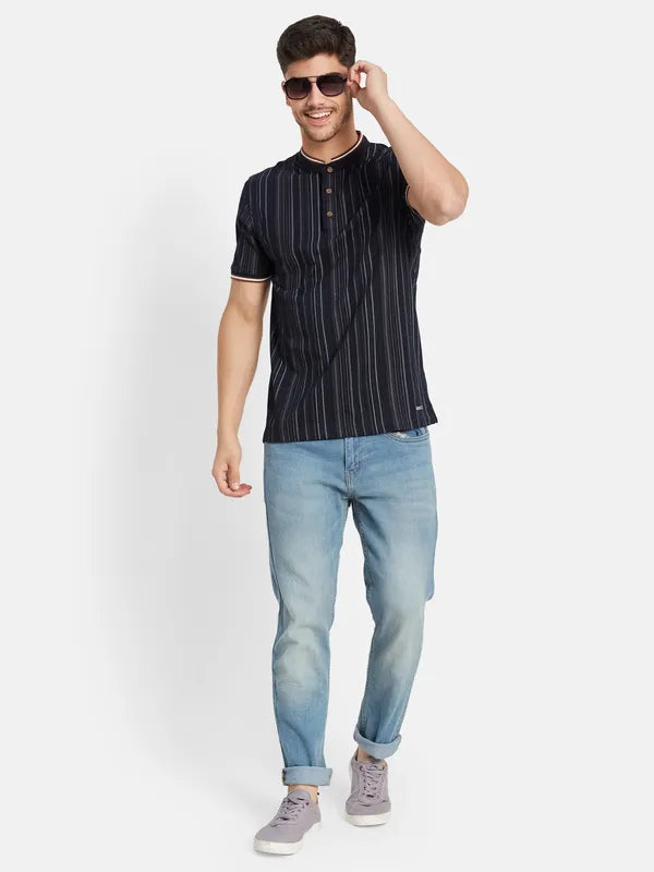 Vertical Stripes Mandarin Collar T-Shirt