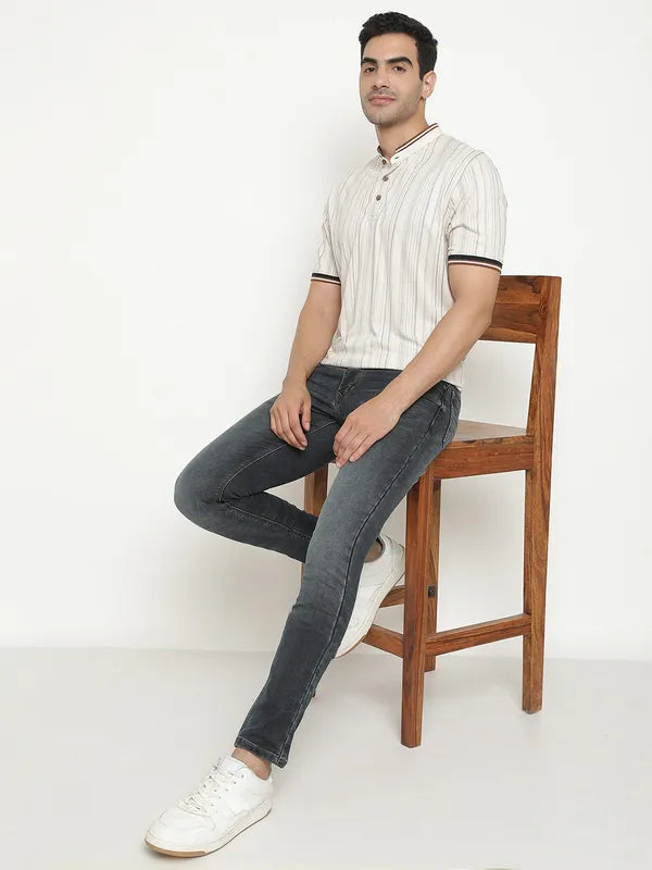 Octave Striped Mandarin Collar Short Sleeves Cotton T-Shirt