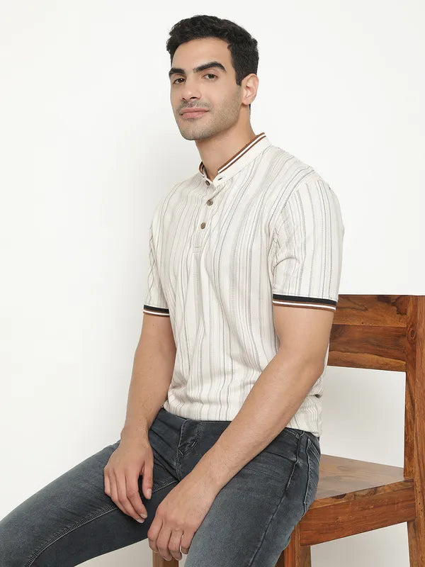 Octave Striped Mandarin Collar Short Sleeves Cotton T-Shirt