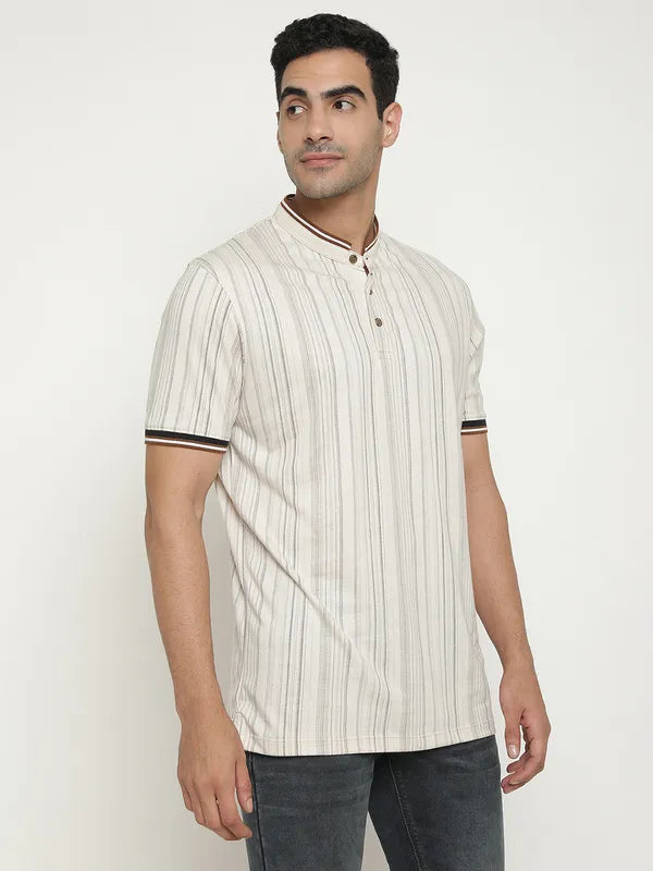 Octave Striped Mandarin Collar Short Sleeves Cotton T-Shirt