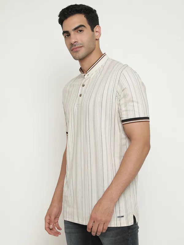 Octave Striped Mandarin Collar Short Sleeves Cotton T-Shirt