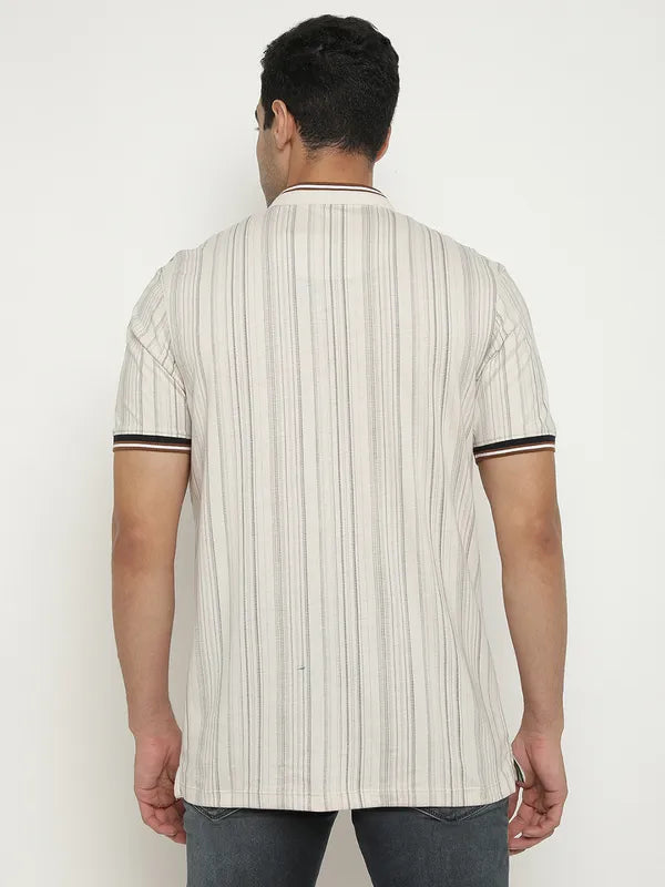 Octave Striped Mandarin Collar Short Sleeves Cotton T-Shirt