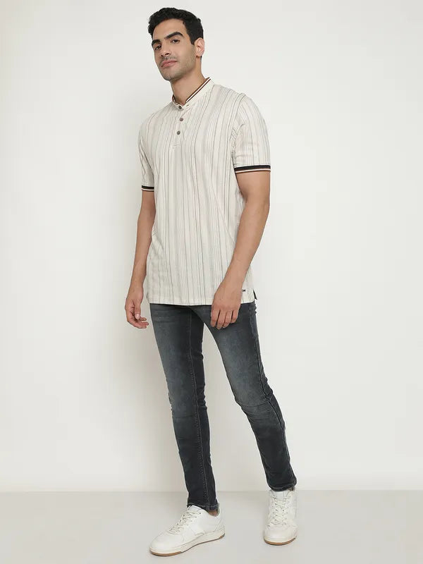 Octave Striped Mandarin Collar Short Sleeves Cotton T-Shirt