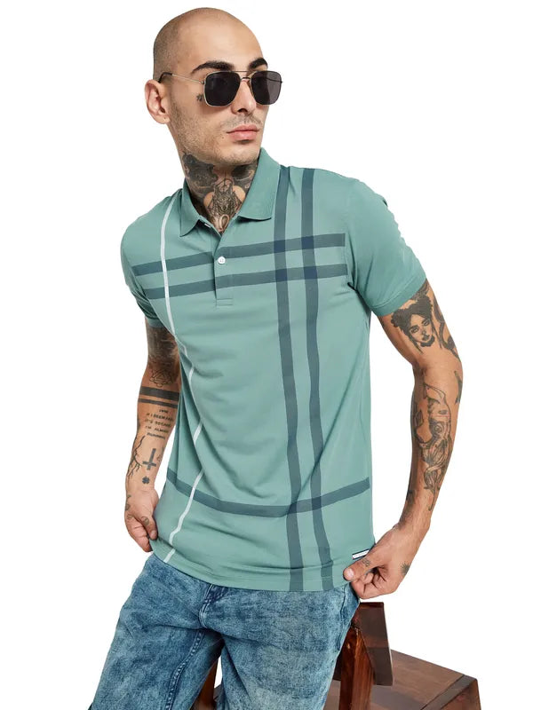 Octave Men Blue Checked Polo Collar Applique T-Shirt
