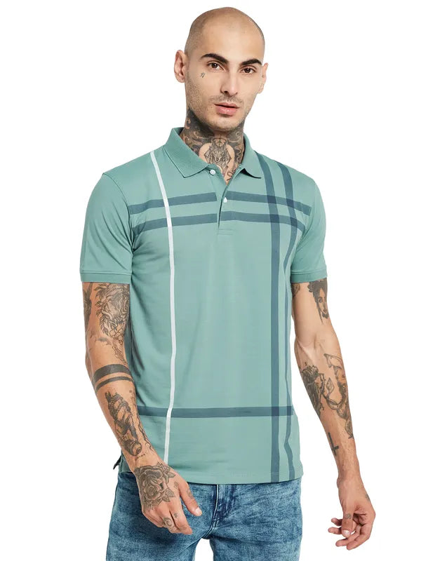 Octave Men Blue Checked Polo Collar Applique T-Shirt
