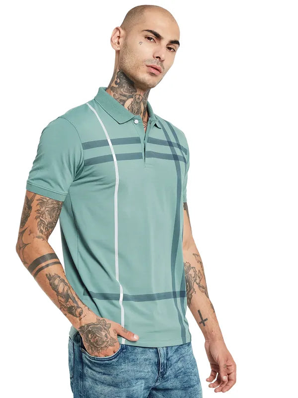 Octave Men Blue Checked Polo Collar Applique T-Shirt