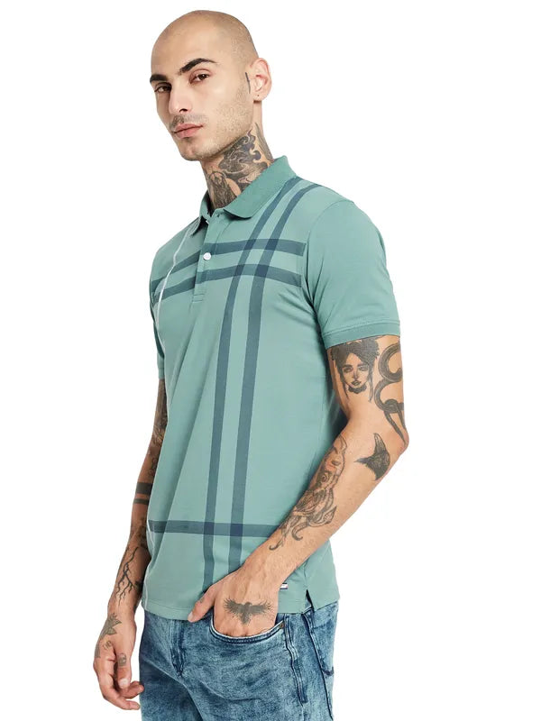 Octave Men Blue Checked Polo Collar Applique T-Shirt