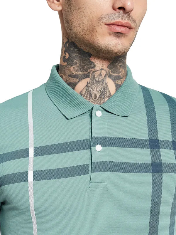 Octave Men Blue Checked Polo Collar Applique T-Shirt