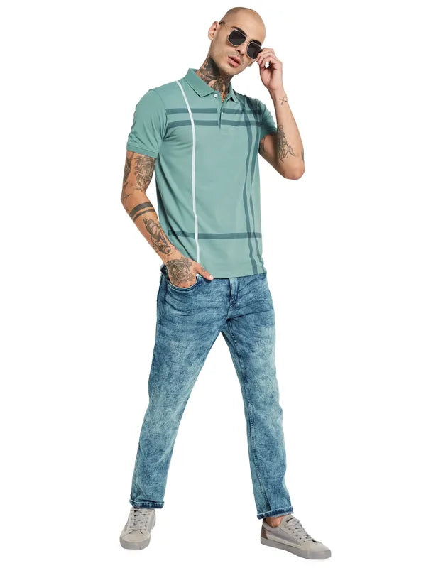 Octave Men Blue Checked Polo Collar Applique T-Shirt