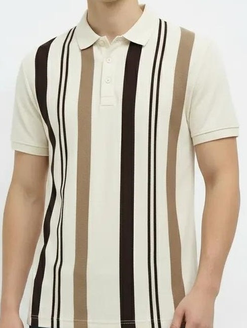 Men Khaki Striped Polo Collar T-shirt
