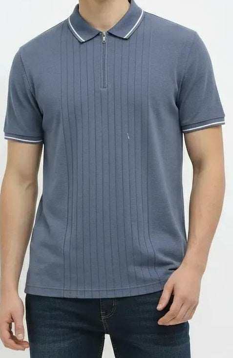 Men Deep Blue Striped Polo Collar T-shirt