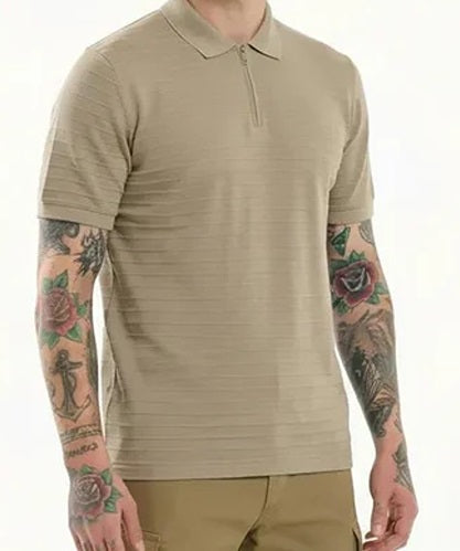 Octave Men Khaki Striped Polo Collar T-shirt