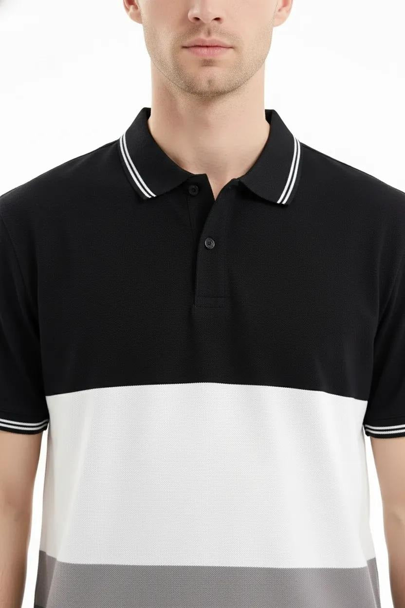 Men Black Colourblocked Polo Collar T-shirt
