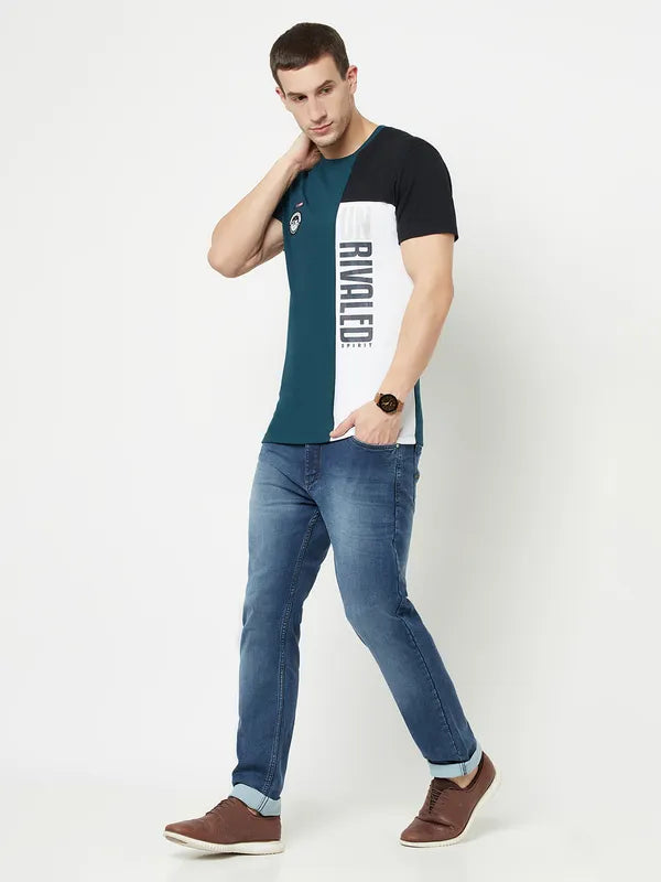 Octave Men Blue Typography Applique T-Shirt