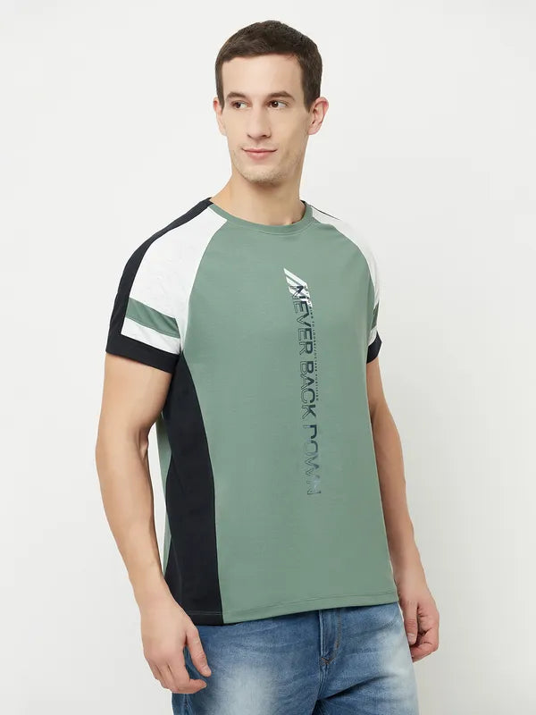 Octave Men Olive Green Typography Printed Raw Edge T-Shirt