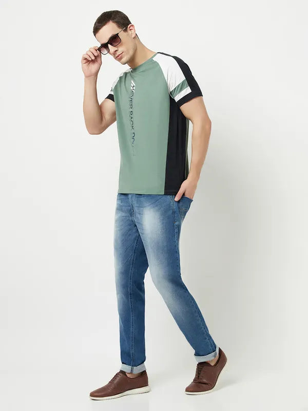 Octave Men Olive Green Typography Printed Raw Edge T-Shirt