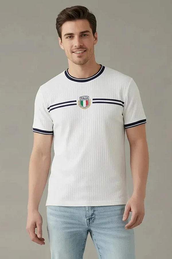 Men Brand Logo Self Design Round Neck Cotton T-shirt