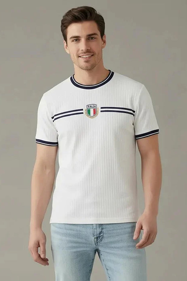 Men Brand Logo Self Design Round Neck Cotton T-shirt