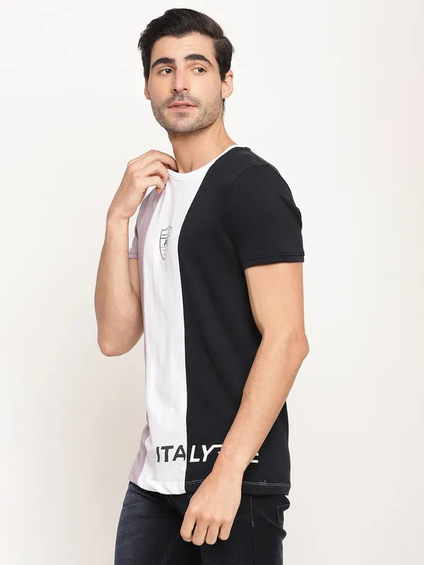 Octave Men Mauve White Colourblocked Regular Fit Cotton T-Shirt