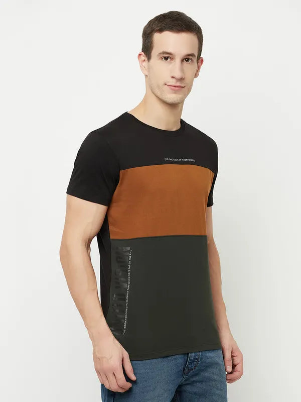 Octave Men Olive Green Colourblocked T-Shirt