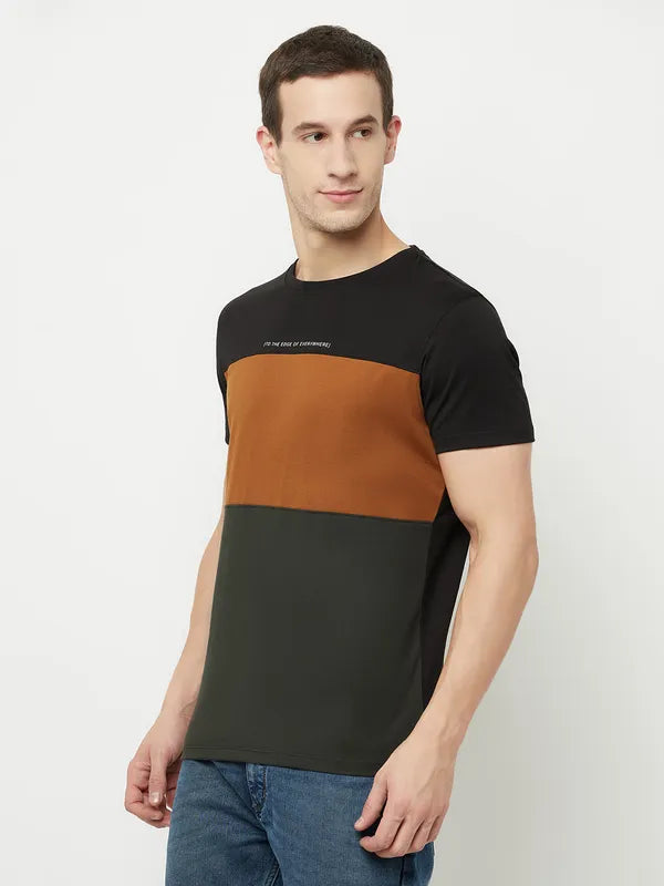 Octave Men Olive Green Colourblocked T-Shirt