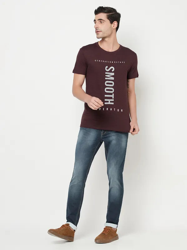 Octave Men Burgundy White Typography Printed Cotton T-Shirt