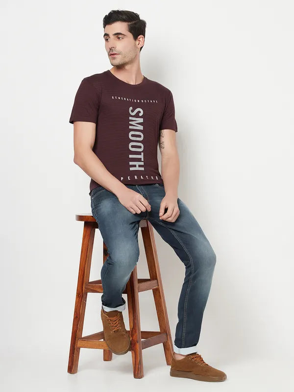 Octave Men Burgundy White Typography Printed Cotton T-Shirt