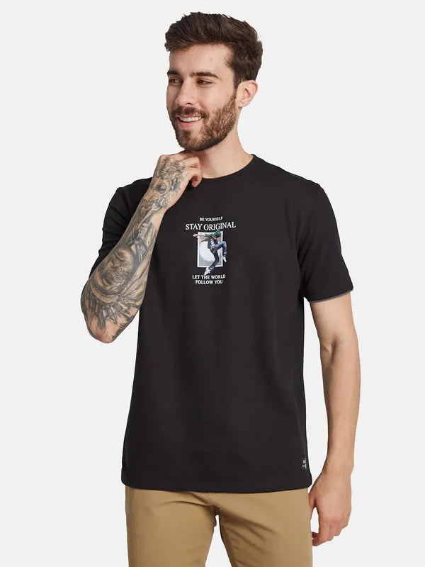 Octave Round Neck Short Sleeves Typography Printed Regular Fit Cotton T-Shirt