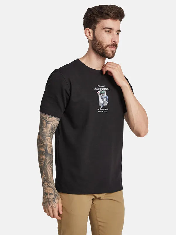 Octave Round Neck Short Sleeves Typography Printed Regular Fit Cotton T-Shirt