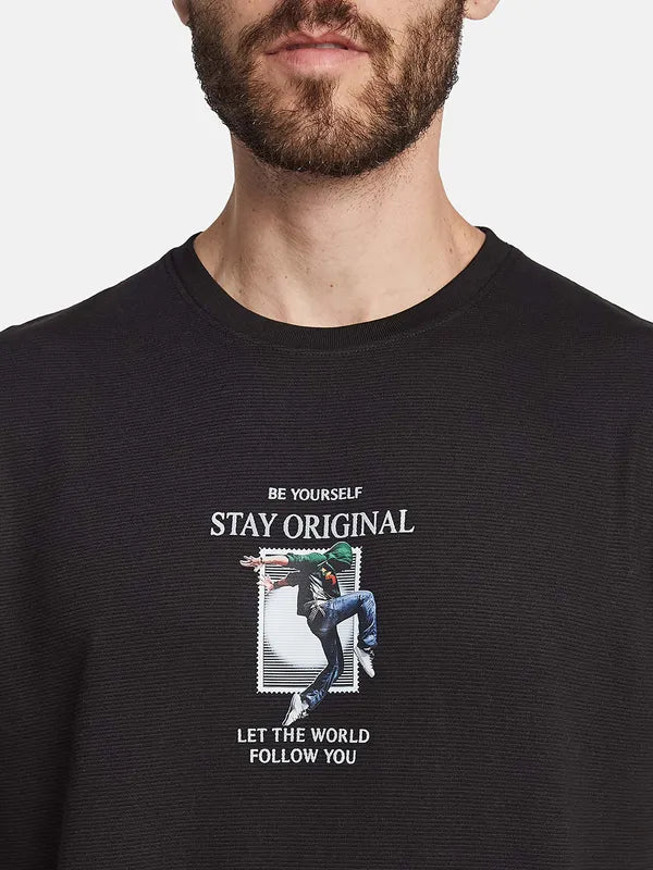 Octave Round Neck Short Sleeves Typography Printed Regular Fit Cotton T-Shirt