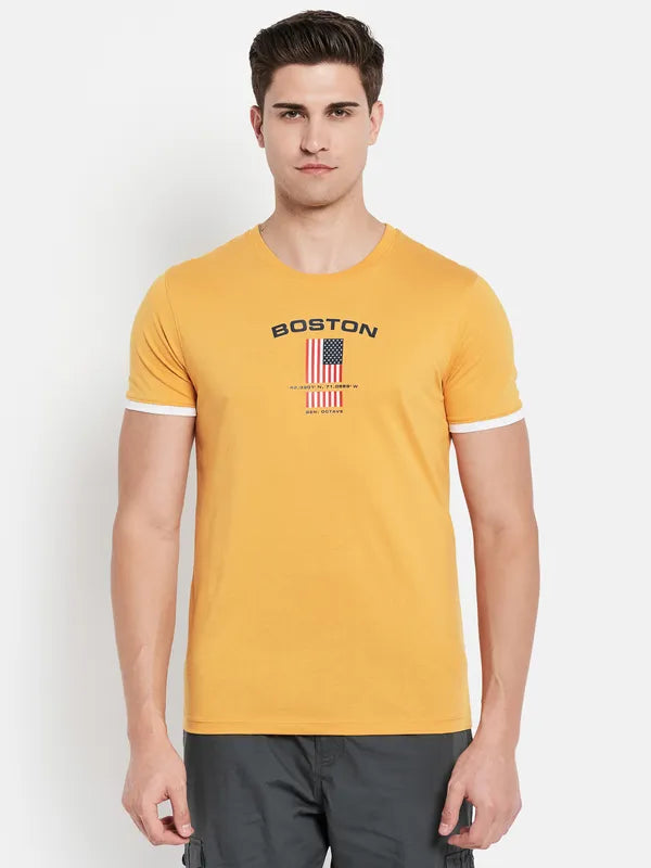 Octave Men Yellow Typography Printed Applique T-Shirt
