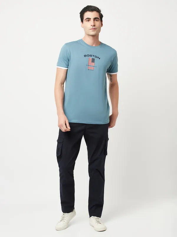 Octave Men Blue Red Printed Cotton Round Neck T-Shirt