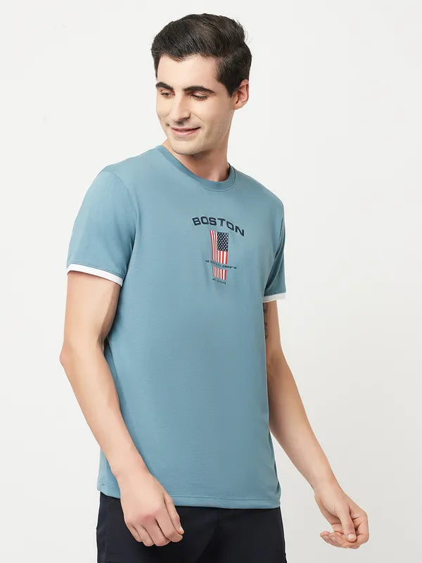 Octave Men Blue Red Printed Cotton Round Neck T-Shirt