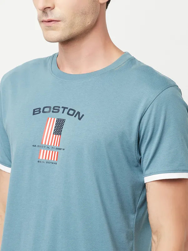 Octave Men Blue Red Printed Cotton Round Neck T-Shirt