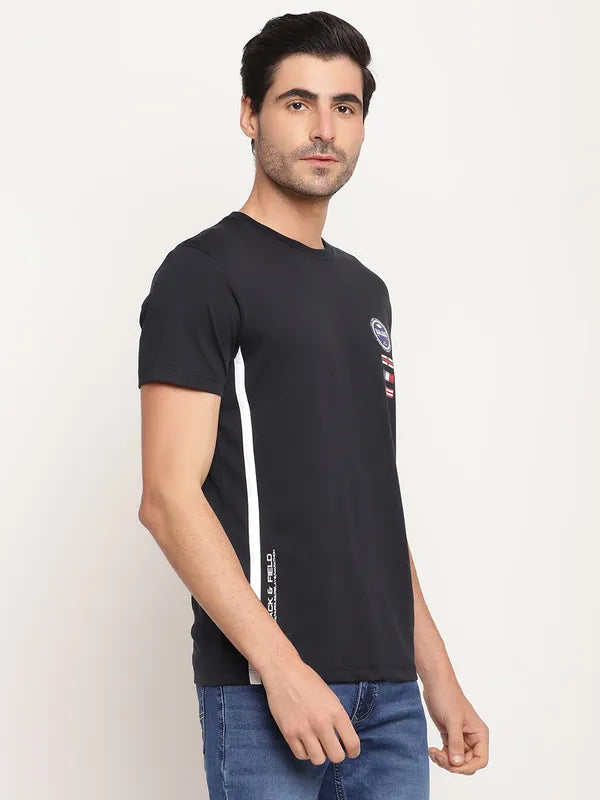 Octave Men Navy Blue Graphic Printed Cotton Regular Fit Applique T-Shirt