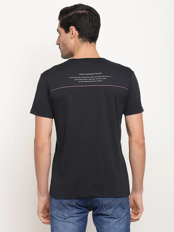 Octave Men Navy Blue Graphic Printed Cotton Regular Fit Applique T-Shirt