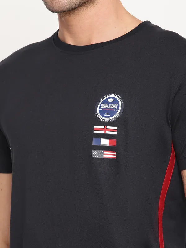 Octave Men Navy Blue Graphic Printed Cotton Regular Fit Applique T-Shirt
