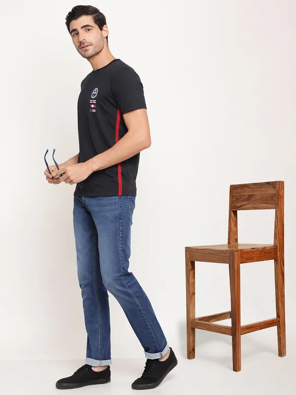 Octave Men Navy Blue Graphic Printed Cotton Regular Fit Applique T-Shirt