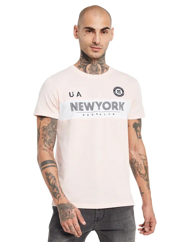 Octave Men Pink Typography Applique T-Shirt