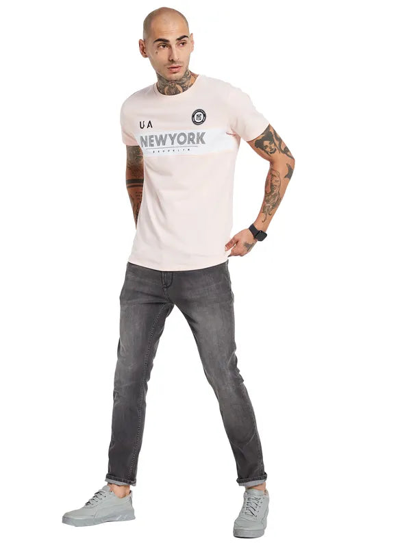 Octave Men Pink Typography Applique T-Shirt