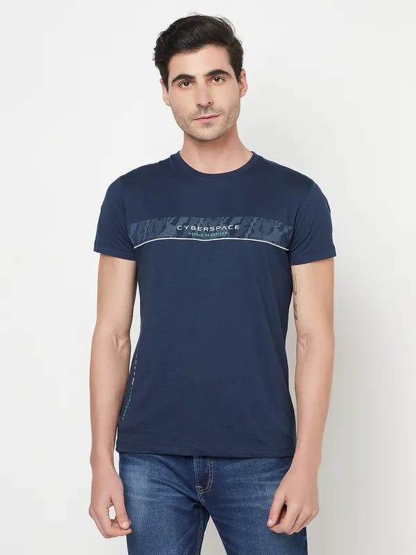 Octave Men Navy Blue Printed Cotton Regular Fit T-Shirt