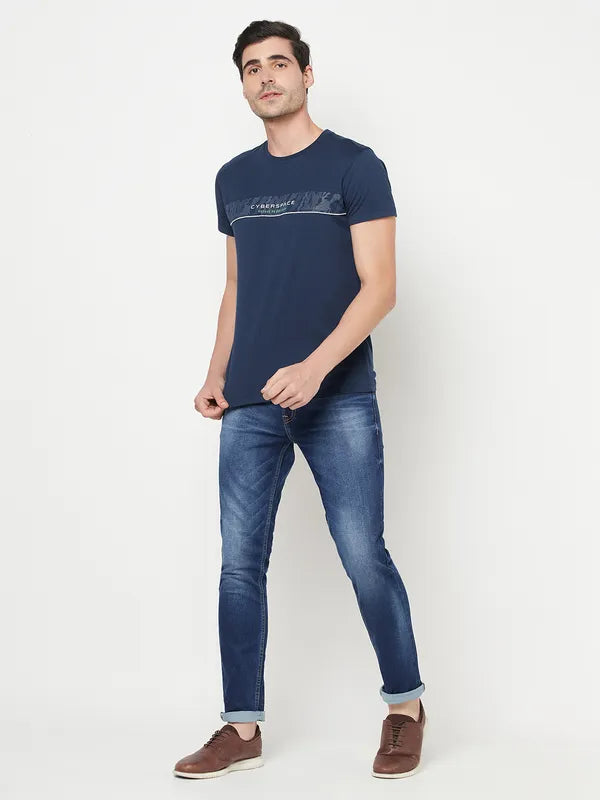 Octave Men Navy Blue Printed Cotton Regular Fit T-Shirt