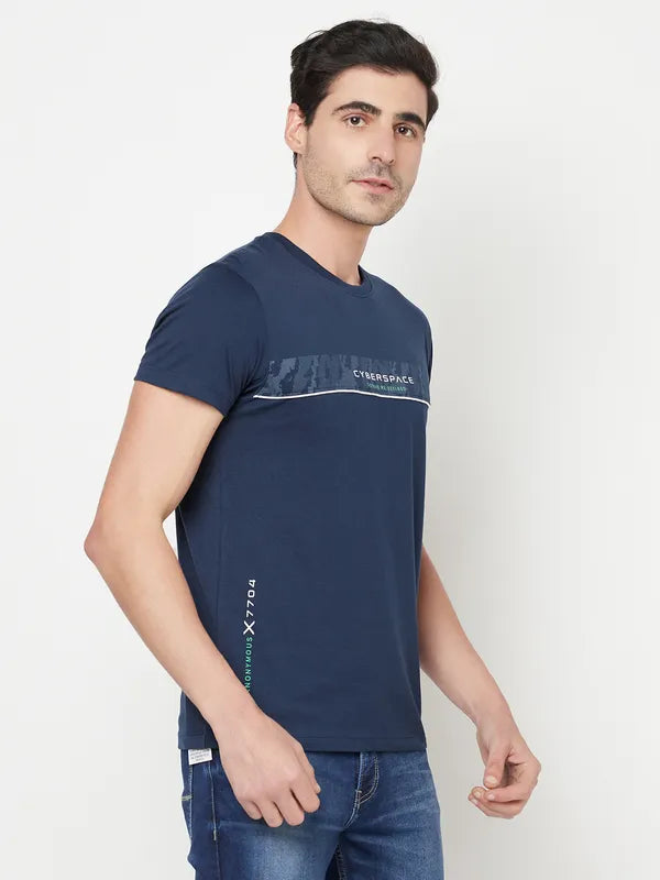 Octave Men Navy Blue Printed Cotton Regular Fit T-Shirt