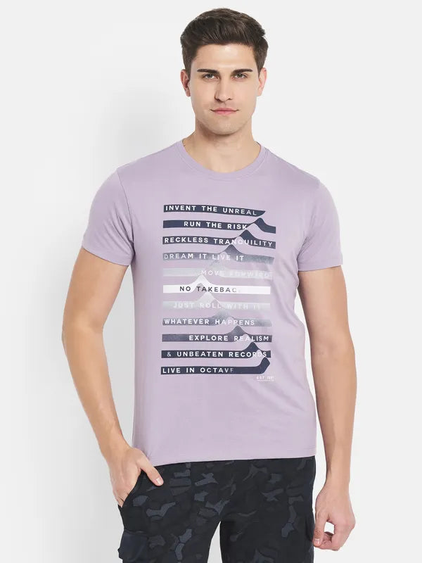 Octave Men Purple Typography Printed V-Neck Raw Edge T-Shirt