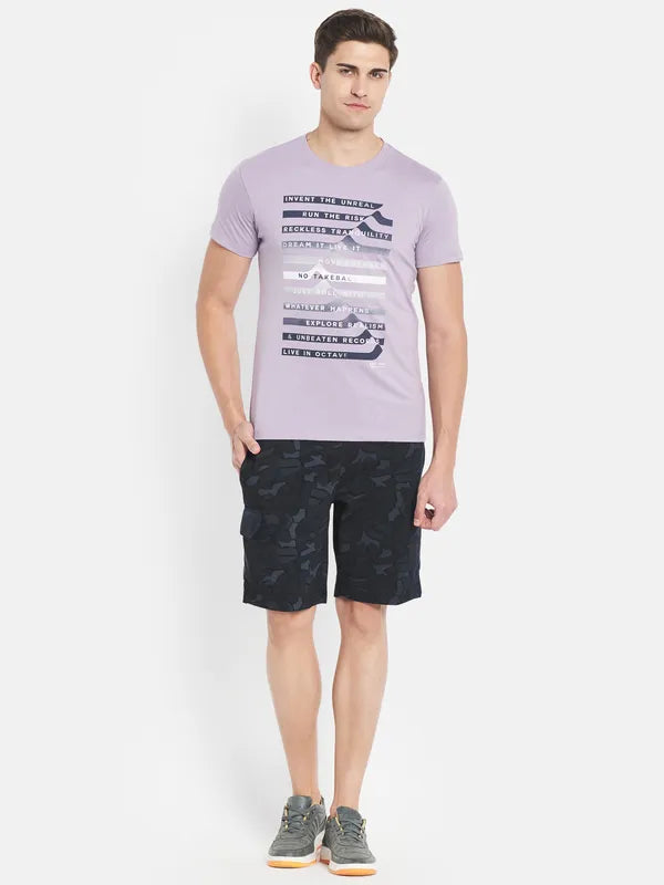 Octave Men Purple Typography Printed V-Neck Raw Edge T-Shirt