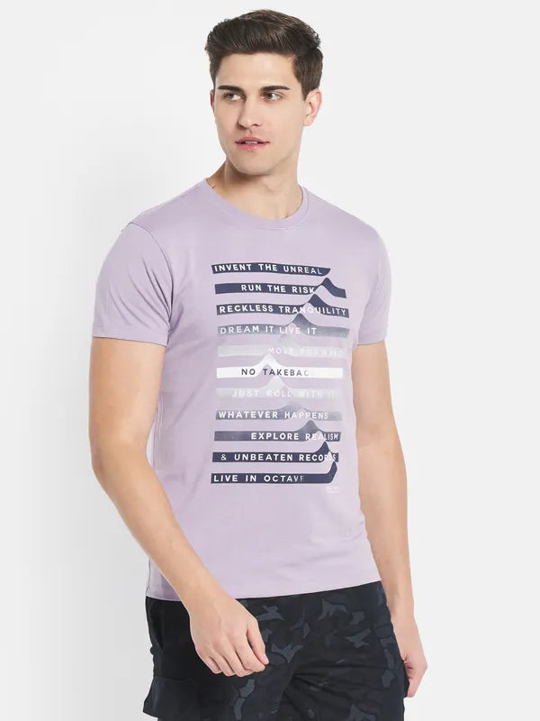 Octave Men Purple Typography Printed V-Neck Raw Edge T-Shirt