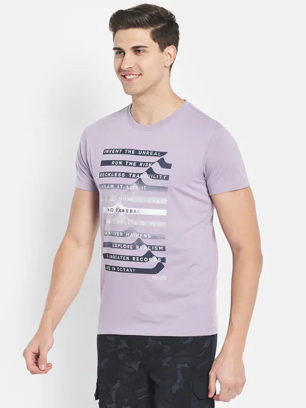 Octave Men Purple Typography Printed V-Neck Raw Edge T-Shirt