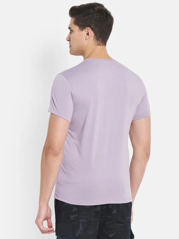 Octave Men Purple Typography Printed V-Neck Raw Edge T-Shirt